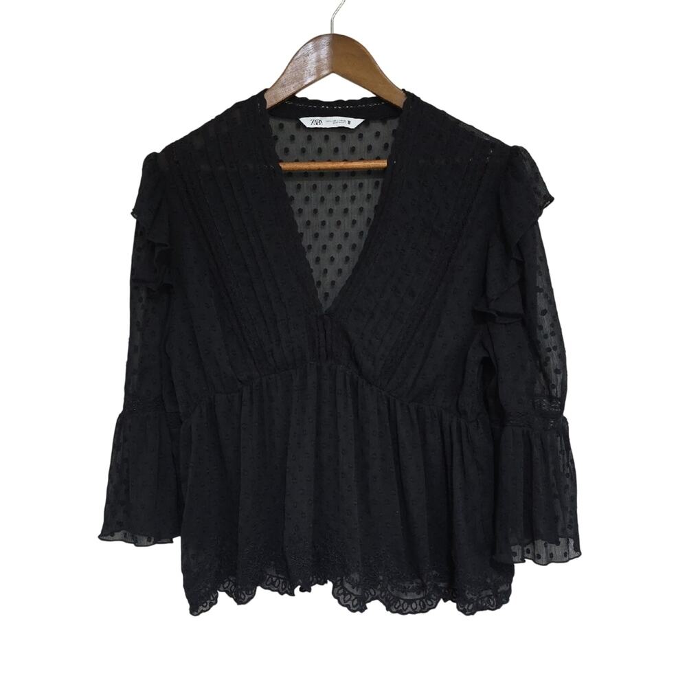 Zara Sz L Black Sheer Swiss Dot V-Neck Babydoll Feminine Lace Scolloped Hem Top